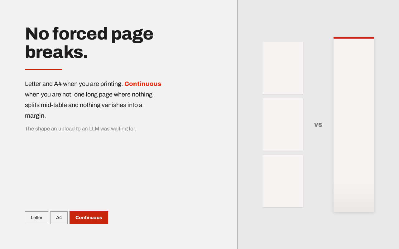 Three separate PDF pages next to one long continuous PDF page.